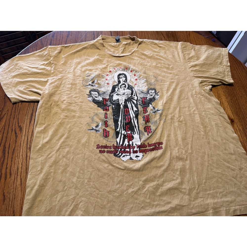 Smart Blanks Faith Over Fear Virgin Mary Graphic T-Shirt Tan Mens 4XL Religious